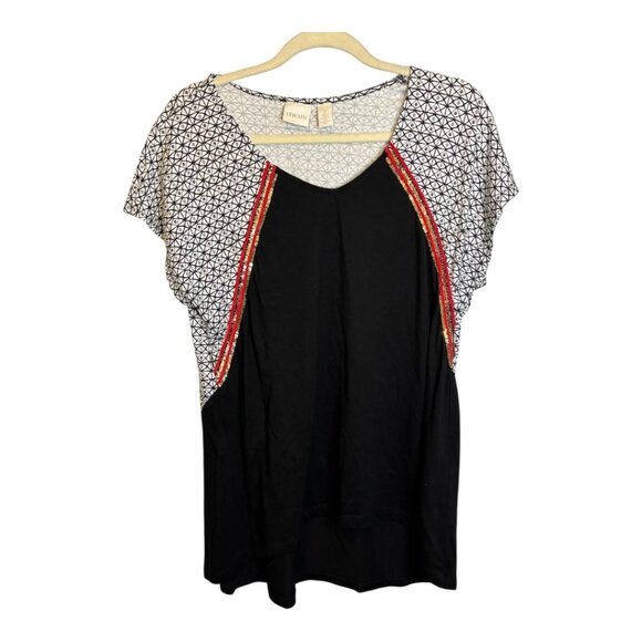 Chico's Blouse Women's size Large Sequins geometric black red white Chicos 2 - Picture 1 of 4